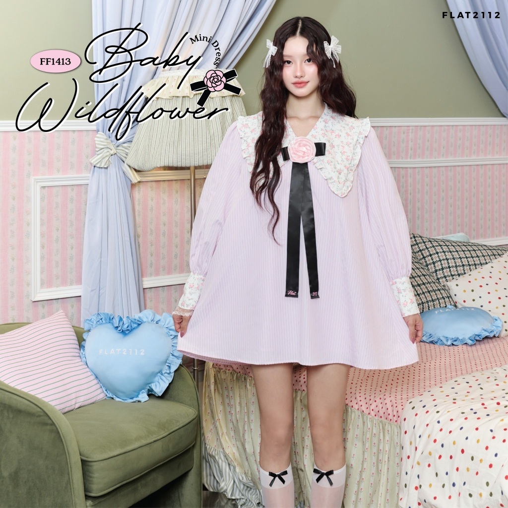 FLAT2112 : BABY WILDFLOWER MINI DRESS เดรสสั้นชมพูพาสเทล เดรสคอปกบัวใหญ่ เดรสลูกคุณหนูหวาน เดรสสไตล์คุณหนูผู้ดี (FF1413)