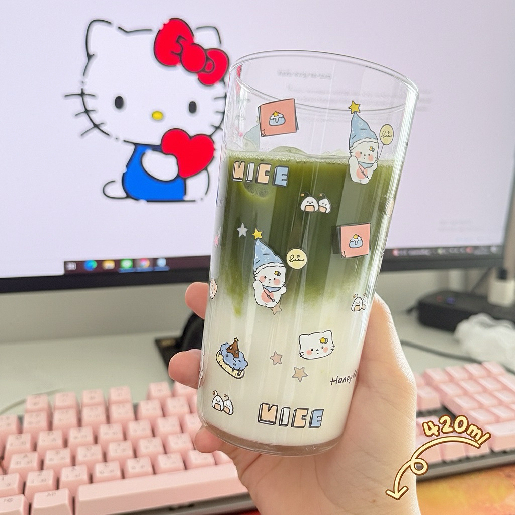 แก้วน้ำ🍒 วัสดุแก้ว  420 ml คิตตี้ ลายการ์ตูน น่ารัก ใส่ร้อนและเย็นได้