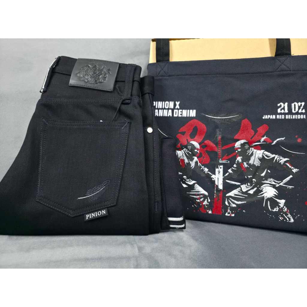 กางเกงยีนส์ พีเนียนเดนิม PinonDenim X Lanna denimSuper Black X Black17.5oz รุ่นนินจาดำกะบอกเล็กslim fit,กะบอกตรงstraight