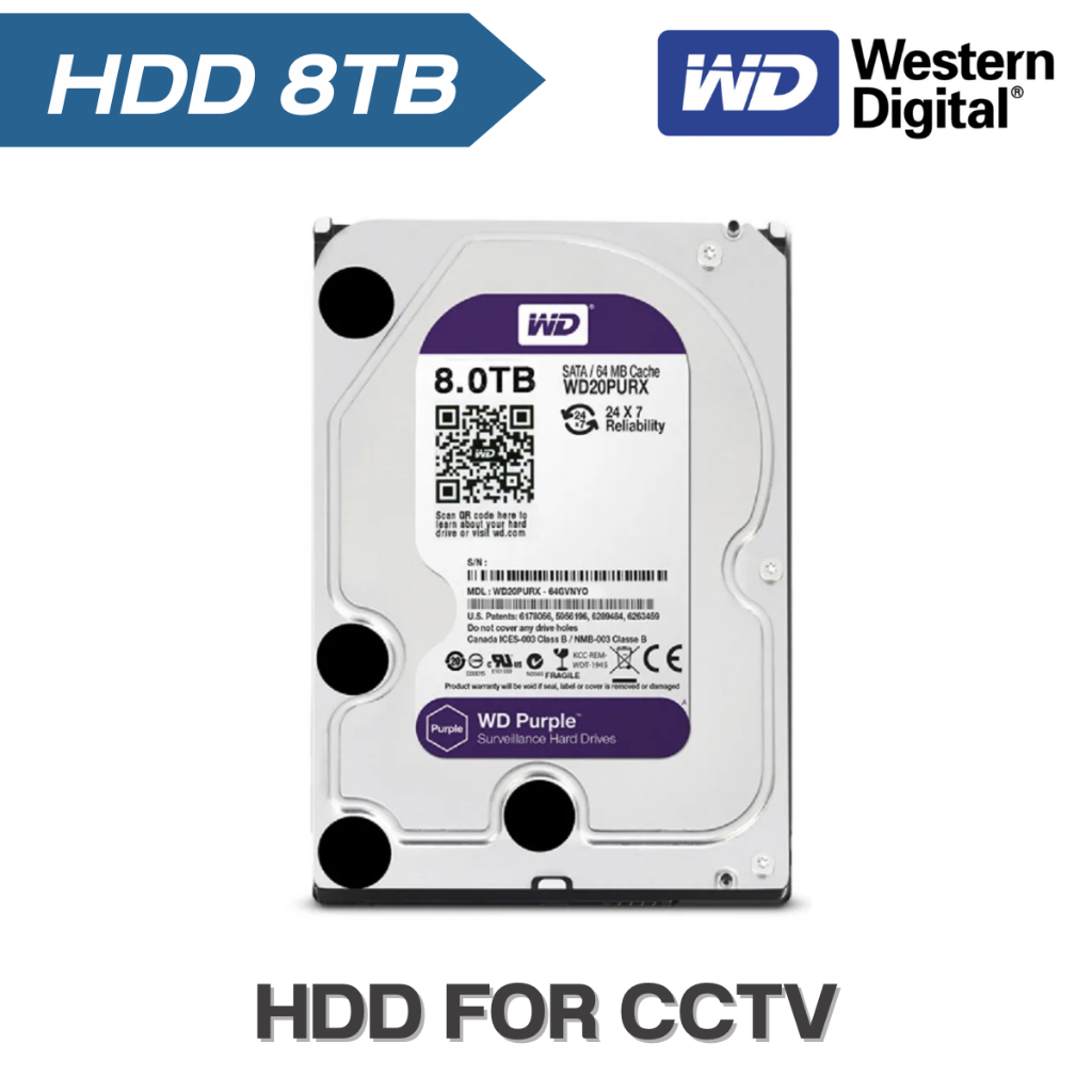 ฮาร์ดดิสก์ HDD 8TB WD Purple ฮาร์ดดิสก์สำหรับกล้องวงจรปิด ใช้กับ DVR/NVR บันทึกภาพต่อเนื่อง