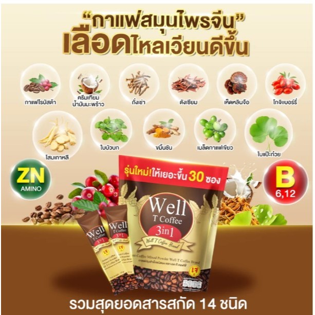 Well T Coffee กาแฟโสมสมุนไพรจีน เลือดไหลเวียนดี เข้าสู่วัยทอง เวียนหัว หน้ามืด บ้านหมุน  (1ห่อ 30ซอง) ของแท้100%