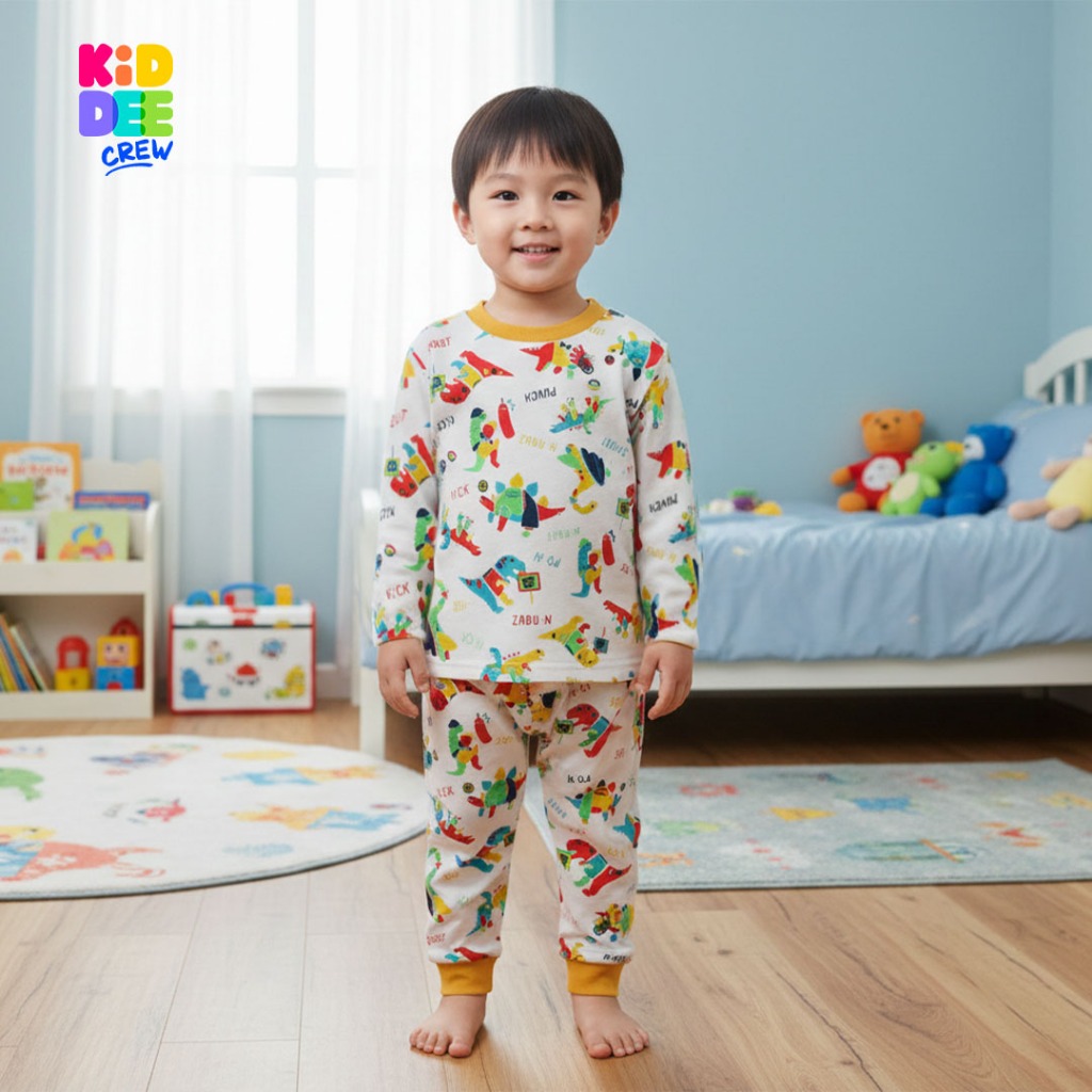 KiddeeCrew ชุดนอนเด็กสีครีมไดโนเสาร์ใหญ่ กุ้นเหลือง เหมาะสำหรับอายุ 1-12 ปี
