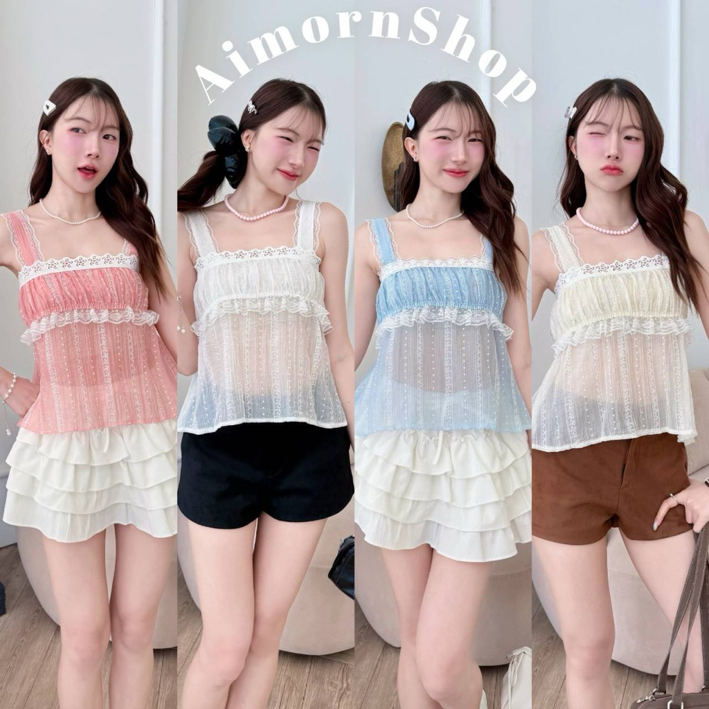 🔥aimorn_shop🔥 เสื้อสายเดี่ยวแต่งขอบลูกไม้ ช่วงอกเดินขอบระบายลูกไม้เก๋ๆ ผ้าบาง มีซับในช่วงอกให้ งานสม็อคหลัง