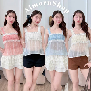 🔥aimorn_shop🔥เสื้อสายเดี่ยว ลายจุด ผ้าบาง ขอบติดลูกไม้น่ารักๆ ด้านหน้าแหวกเพิ่มความเซ็กซี่ งานใส่สบาย