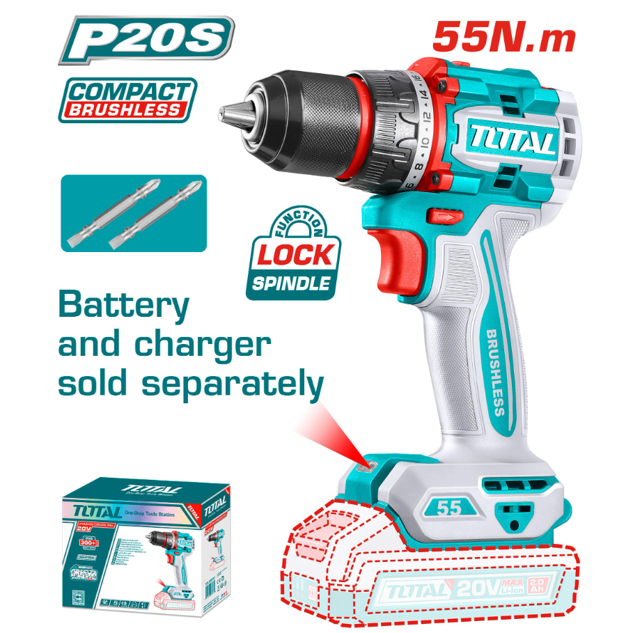 สว่านกระแทกไร้สาย 13มม. แบตเตอรี่ 20V BL MOTOR 55N.m TOTAL ตัวเปล่าTIDLI205581 และพร้อมใช้ TIDLI2055