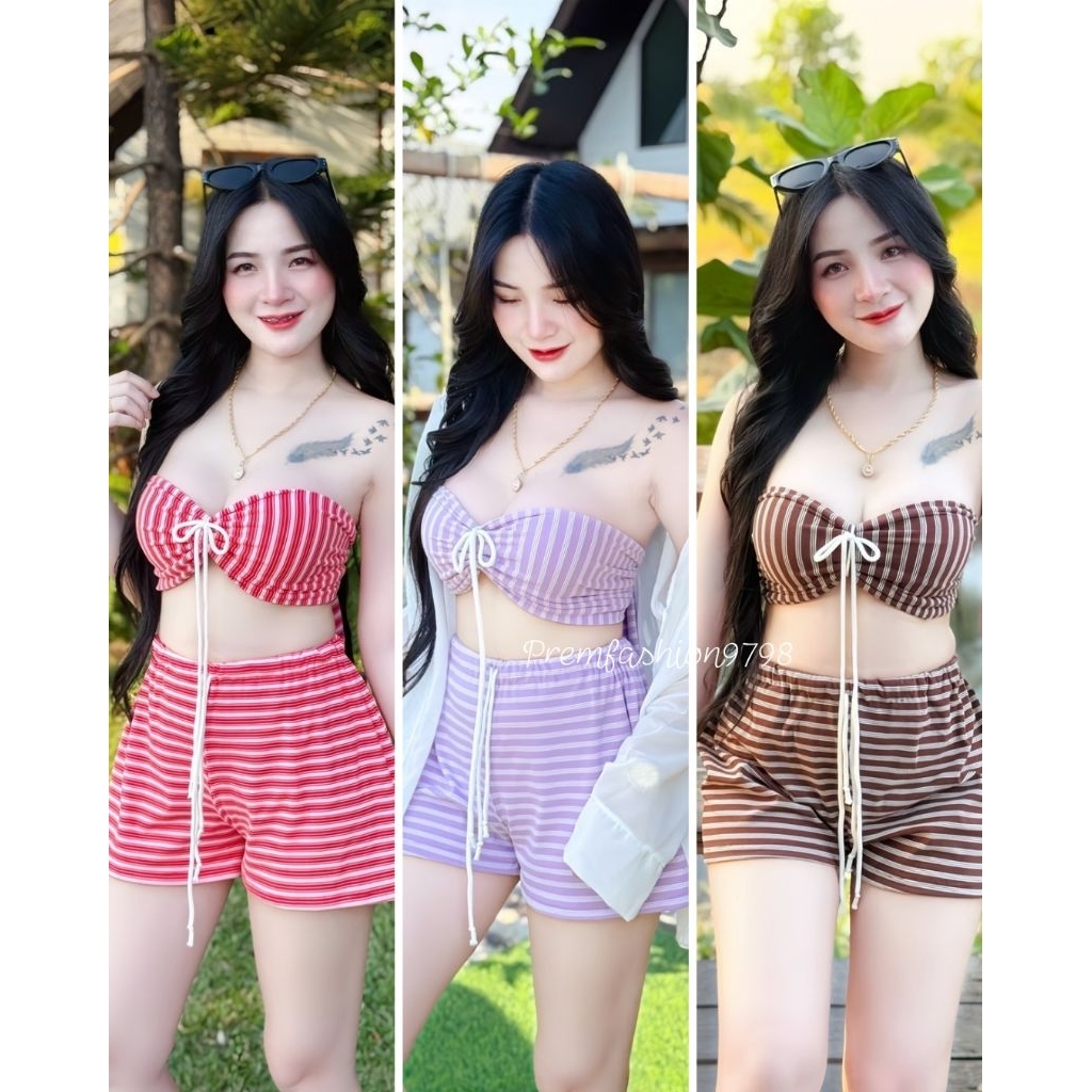 @PREM🌸 ชุดลายริ้วโทนสีพาสเทล สำหรับเที่ยวทะเล ชุดเที่ยวทะเล👙