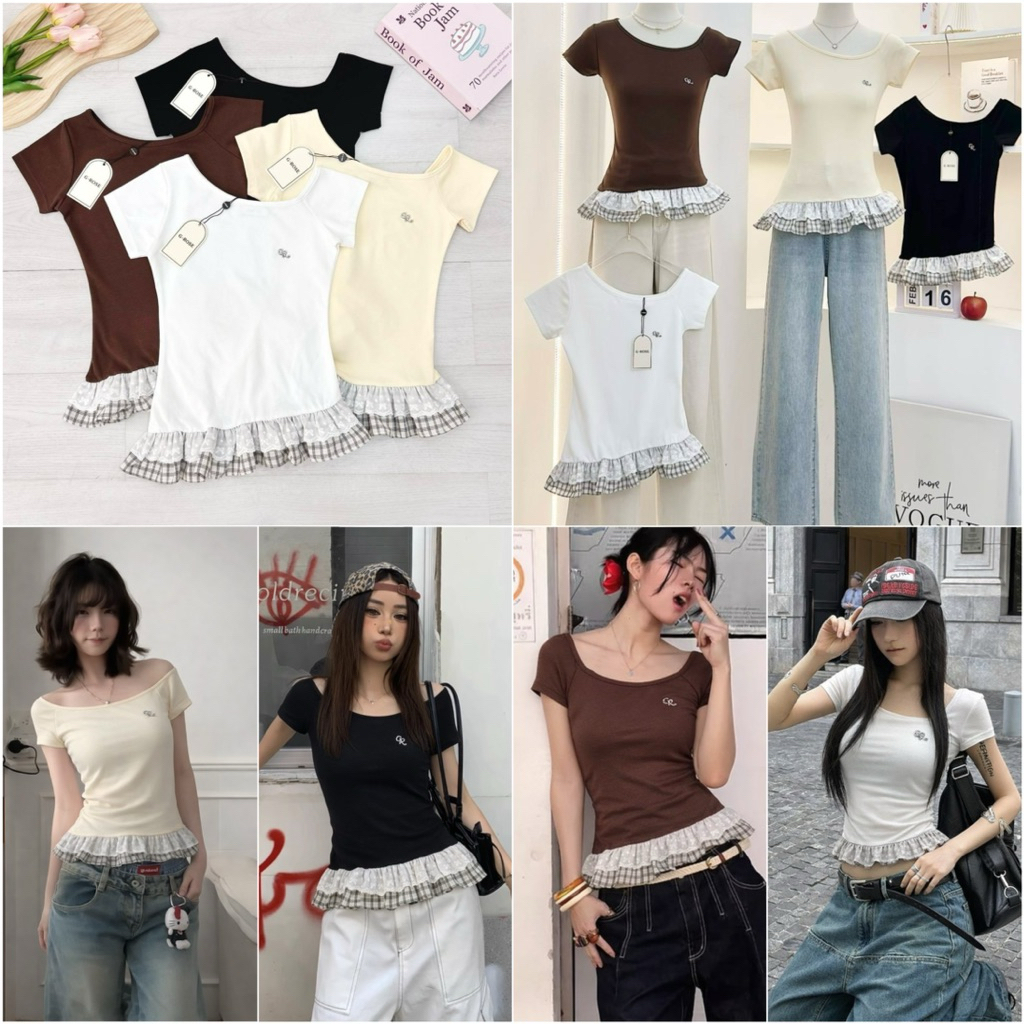 🌷G-ROSE 🌷เสื้อแขนสั้นปาดไหล่ดีเทลแต่งชายเสื้อระบายลายลูกไม้สกอตคัตติ้งเนี๊ยบมากจ้า