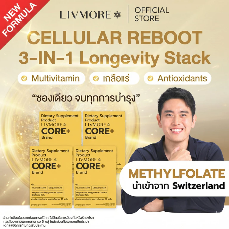 LIVMORE CORE+ วิตามินชะลอวัย ฟื้นฟูระดับเซลล์ (28 วัน) ผสม MethylFolate, CoQ10, Resveratrol, Magnesium บำรุงผิว ลดอักเสบ
