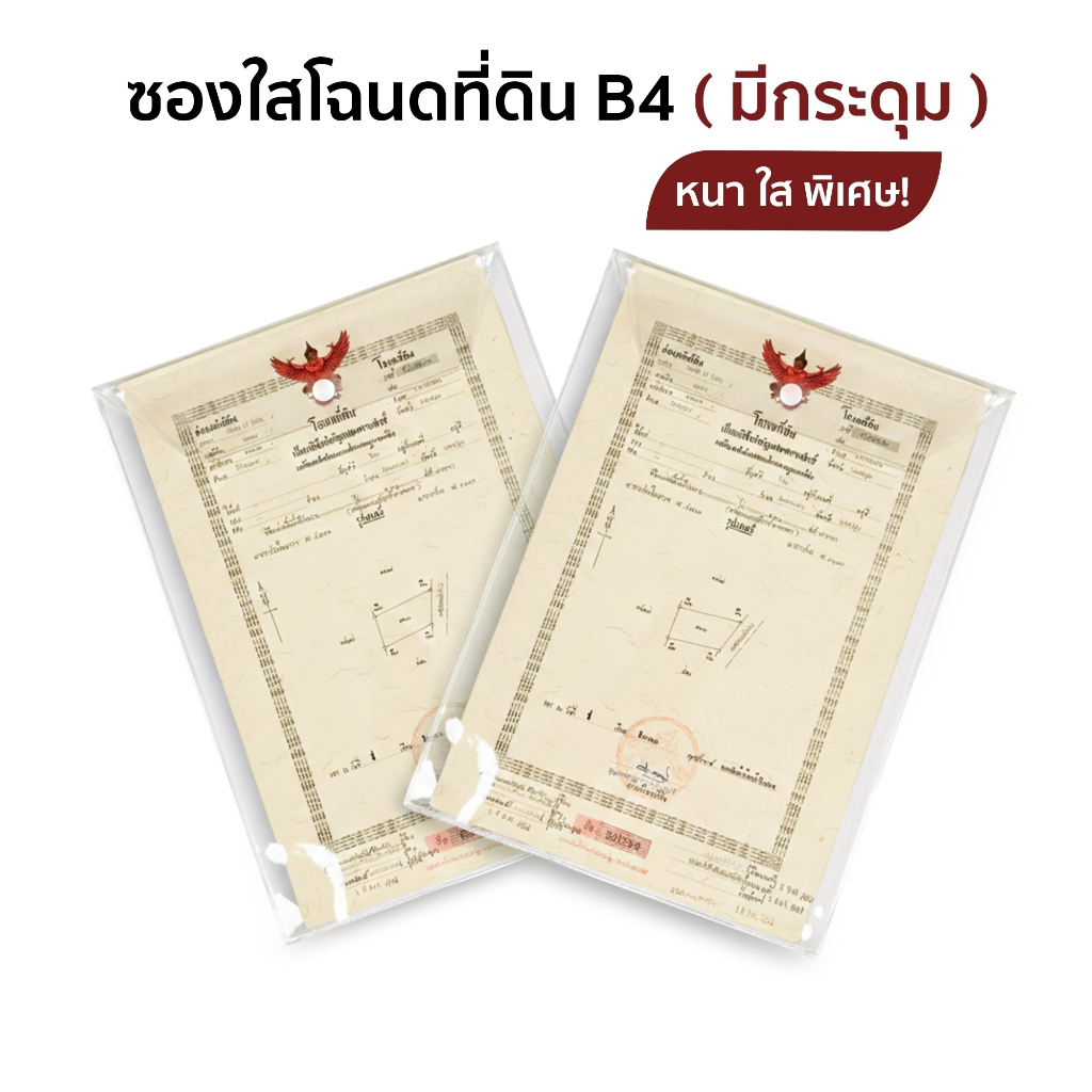 ซองใส่โฉนดที่ดิน B4 แบบฝาพับมีกระดุม พลาสติก PVC ใส หนาพิเศษ ซองเอกสารสำคัญ กันน้ำ กันฝุ่น ทนทาน ไม่ขาดง่าย