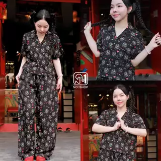 A No.1shop เสื้อฮาวายครอปทรงBoxy ลายช้าง ผ้าไหมญี่ปุ่น ผ้านุ่ม ใส่สบายไม่ต้องรีด แมตช์กับกางเกงอีกตะกร้า
