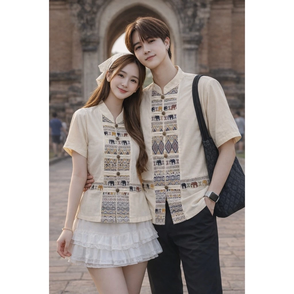 เสื้อคู่ผ้าไทย เสื้อทีมผ้าไทย สินค้ามาใหม่ งานคอจีนกระดุมกะลาแต่งลายช้างสีสัน