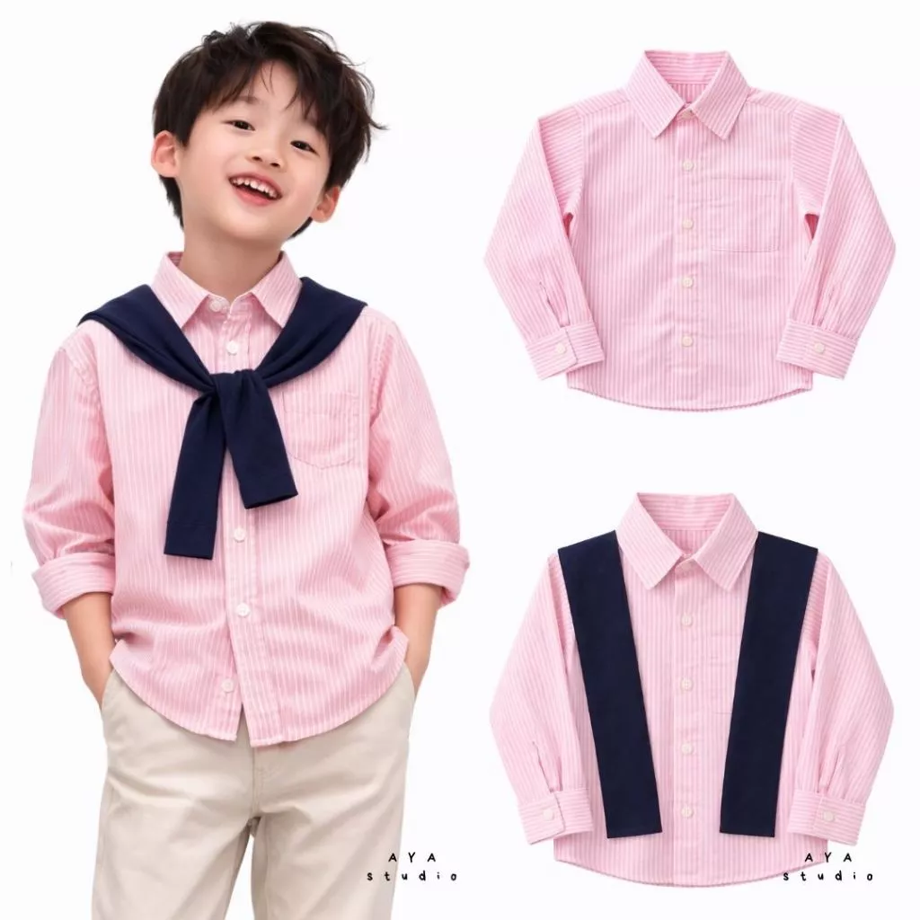 เสื้อเชิ้ตเด็กชาย 👦🏻 ผ้าออกซ์ฟอร์ด พร้อมผ้าพาดไหล่สีกรม แขนยาว 1-9 ขวบ ผลิตในไทย พร้อมส่ง 🚚 (แขนยาว)