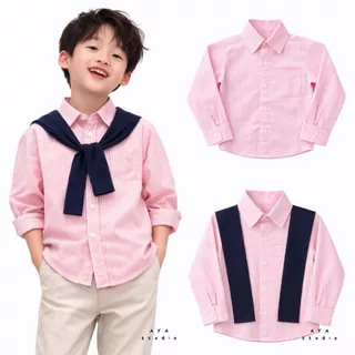 เสื้อเชิ้ตเด็กชาย 👦🏻 ผ้าออกซ์ฟอร์ด พร้อมผ้าพาดไหล่สีกรม แขนยาว 1-9 ขวบ ผลิตในไทย พร้อมส่ง 🚚 (แขนยาว)