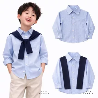 เสื้อเชิ้ตเด็กชาย 👦🏻 ผ้าออกซ์ฟอร์ด พร้อมผ้าพาดไหล่สีกรม แขนยาว 1-9 ขวบ ผลิตในไทย พร้อมส่ง 🚚 (แขนยาว)