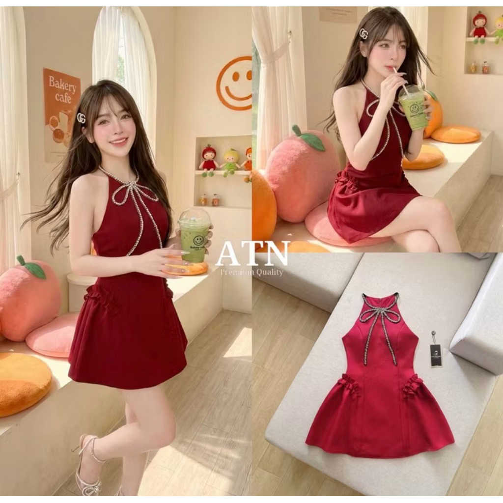 ATN BRAND เดรสสันแดง คอโบว์ L