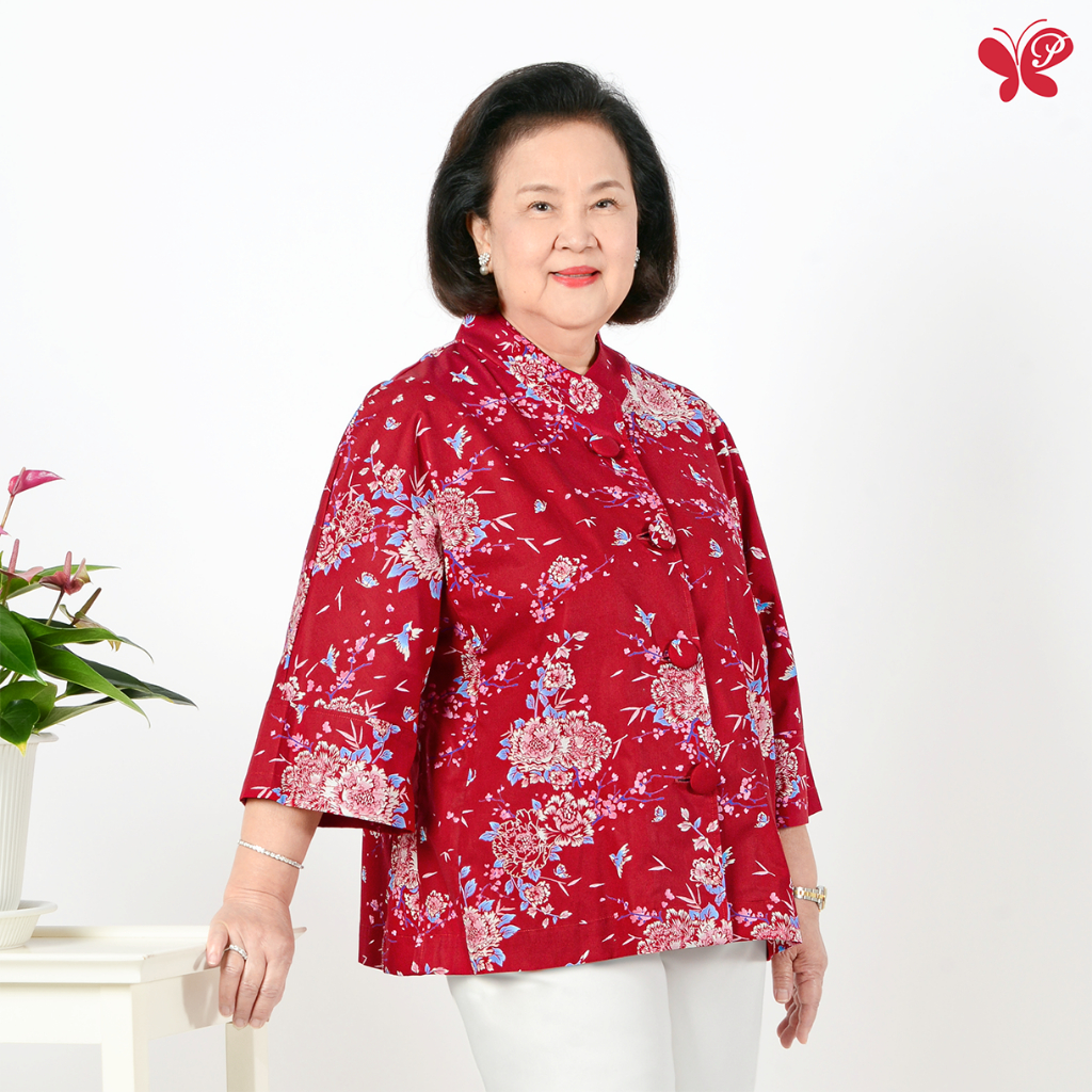 เสื้อผู้สูงอายุ Miki Oversized Top - Peony ผ้า Cotton 100% ทรงหลวม พิมพ์ลายดอกโบตั๋น กระดุมปั้มมือ (Elderly Friendly)