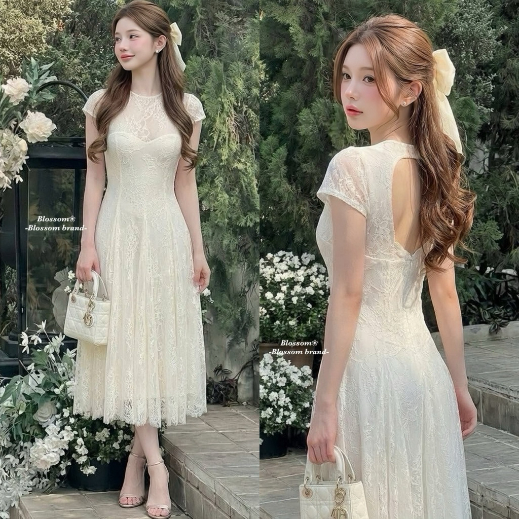 Blossom•ชุดเดรสลูกไม้สีครีม คอปีน โทนหวานหรู เดรสยาวทรง A-Line