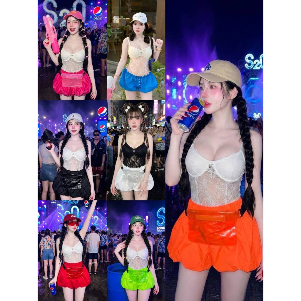 【BK BRAND】 BK 36638 เซตสายเดี่ยวบอดี้สูทติดเข็มกลัดbk กางเกงขาสั้นบอลลูนมีซับใน