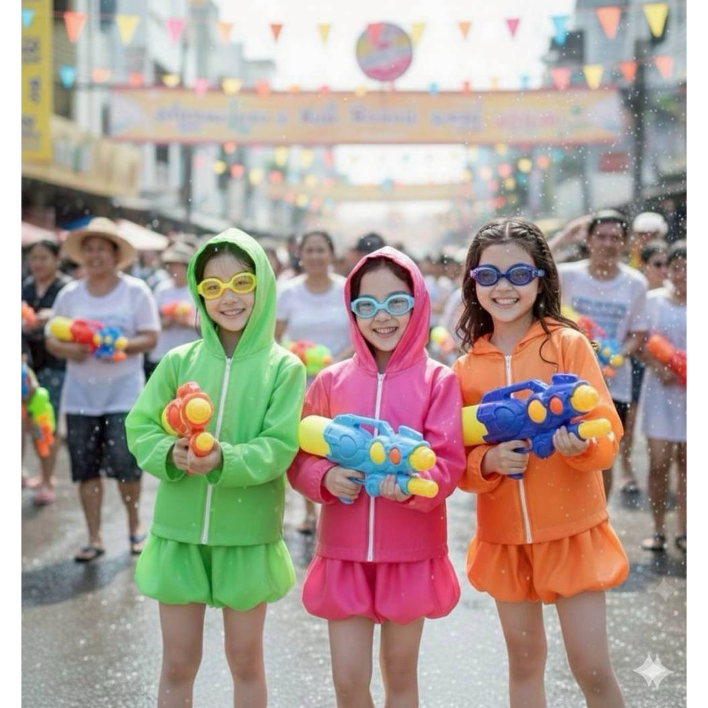 ชุดเซตคุ้มสุดๆ 🎉 ชุดเซ็ต 4 ชิ้น กางเกงบอลลูน+เสื้อฮู้ดแขนยาว+เสื้อกล้ามสกินลาย songkran festival + แ