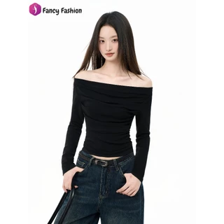 Fancy เสื้อปาดไหล่ แขนยาว [ใส่แล้วผอม] ทรงเข้ารูป ผ้านิ่มเด้ง สไตล์เกาหลี มินิมอล เสื้อไปคาเฟ่ เสื้อแฟชั่นผู้หญิง