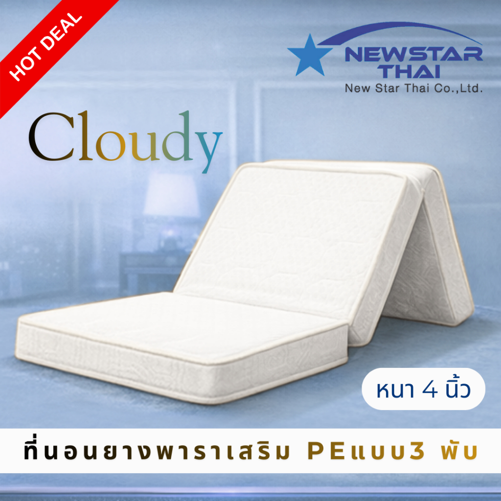 NEWSTAR ที่นอนยางพาราเสริมพีอีสัมผัสแน่น 3พับ ผ้านุ่ม ผ้านอก สีขาว ขนาด3ฟุต หนา 4 นิ้ว รุ่น Cloudy