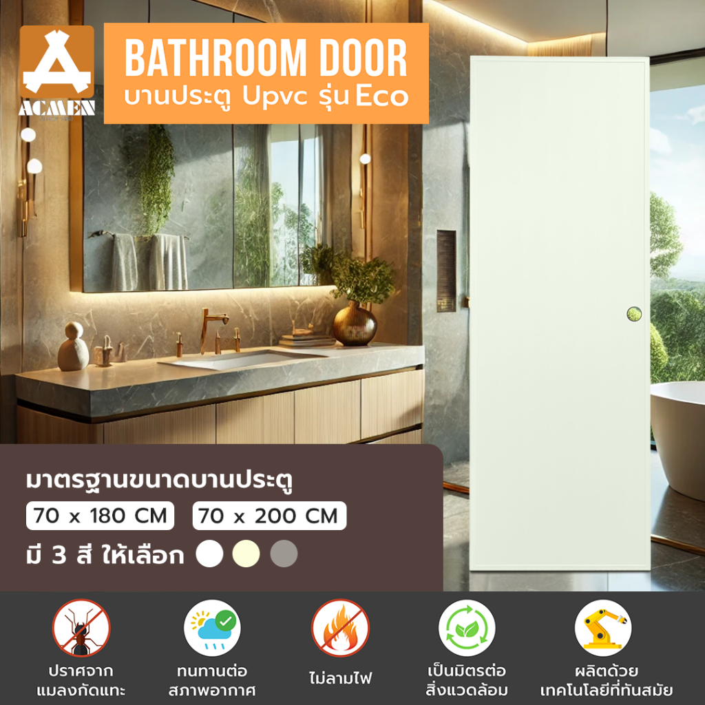 ACMEN ประตู uPVC รุ่น Groove รหัส G2L2 ขนาด 80x200 ซม บานเรียบเซาะร่อง กันน้ำ กันปลวก ไม่เกิดคราบดำ