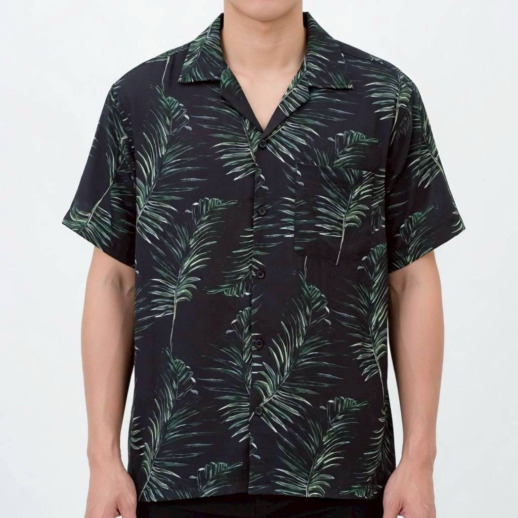 เสื้อเชิ้ตฮาวาย ลายใบไม้เขียว (พื้นสีดำ) ผ้าไหมอิตาลี