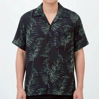 เสื้อเชิ้ตฮาวาย ลายใบไม้เขียว (พื้นสีดำ) ผ้าไหมอิตาลี