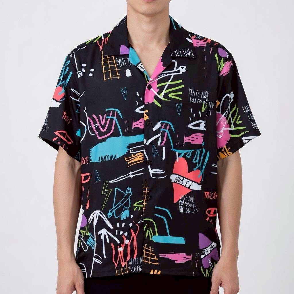 เสื้อเชิ้ตฮาวาย ลายวาดศิลปะสีสัน  (พื้นสีดำ) ผ้าไหมอิตาลี
