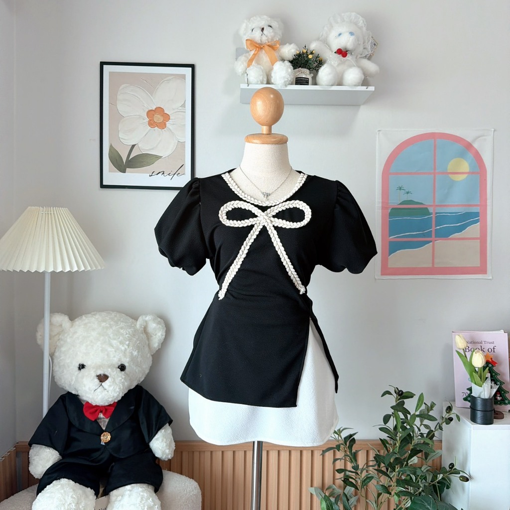 Set2ชิ้น ลุคคุณหนู เสื้อแขนบอลลูน แต่งอะไหล่โบว์ +กระโปรง มีซับใน  สไตล์น่ารัก งาน2ไซส์  JR44