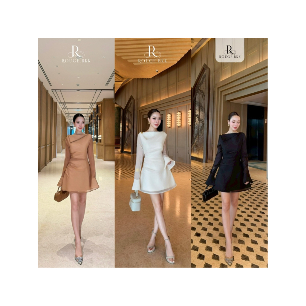 D4 งานป้าย Rouge.bkk Midnight Organza Mini Dress เดรสสั้น สีพื้น สำหรับผู้หญิง เสื้อผ้าแฟชั่นผู้หญิง