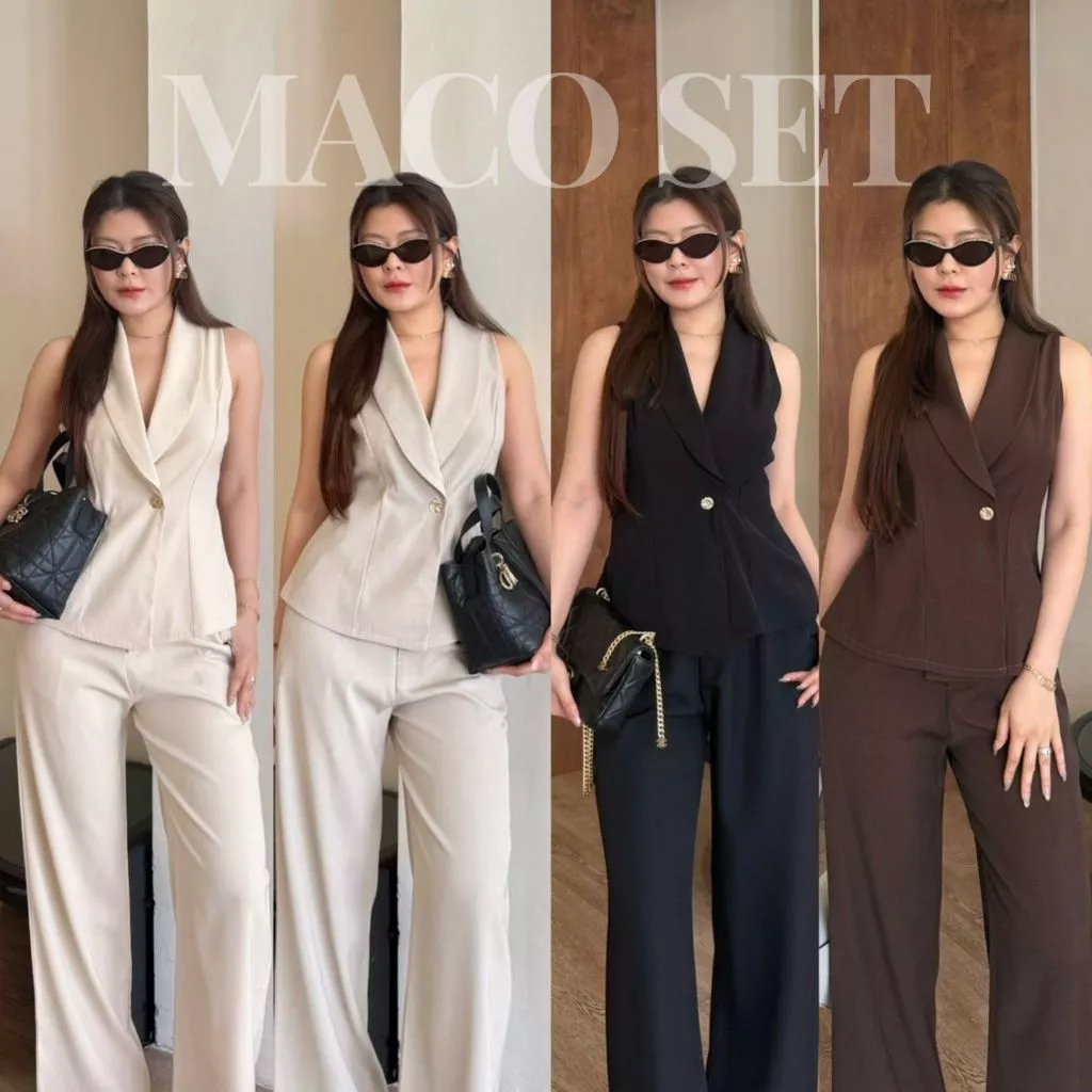 Maco Set : ชุดเซ็ทขายาวเสื้อแขนกุด เสื้อแขนกุดคอปกทรงสูท ชุดเว็ทขายาวสีพื้น เรียบหรู ทำงาน BETTY (B055)