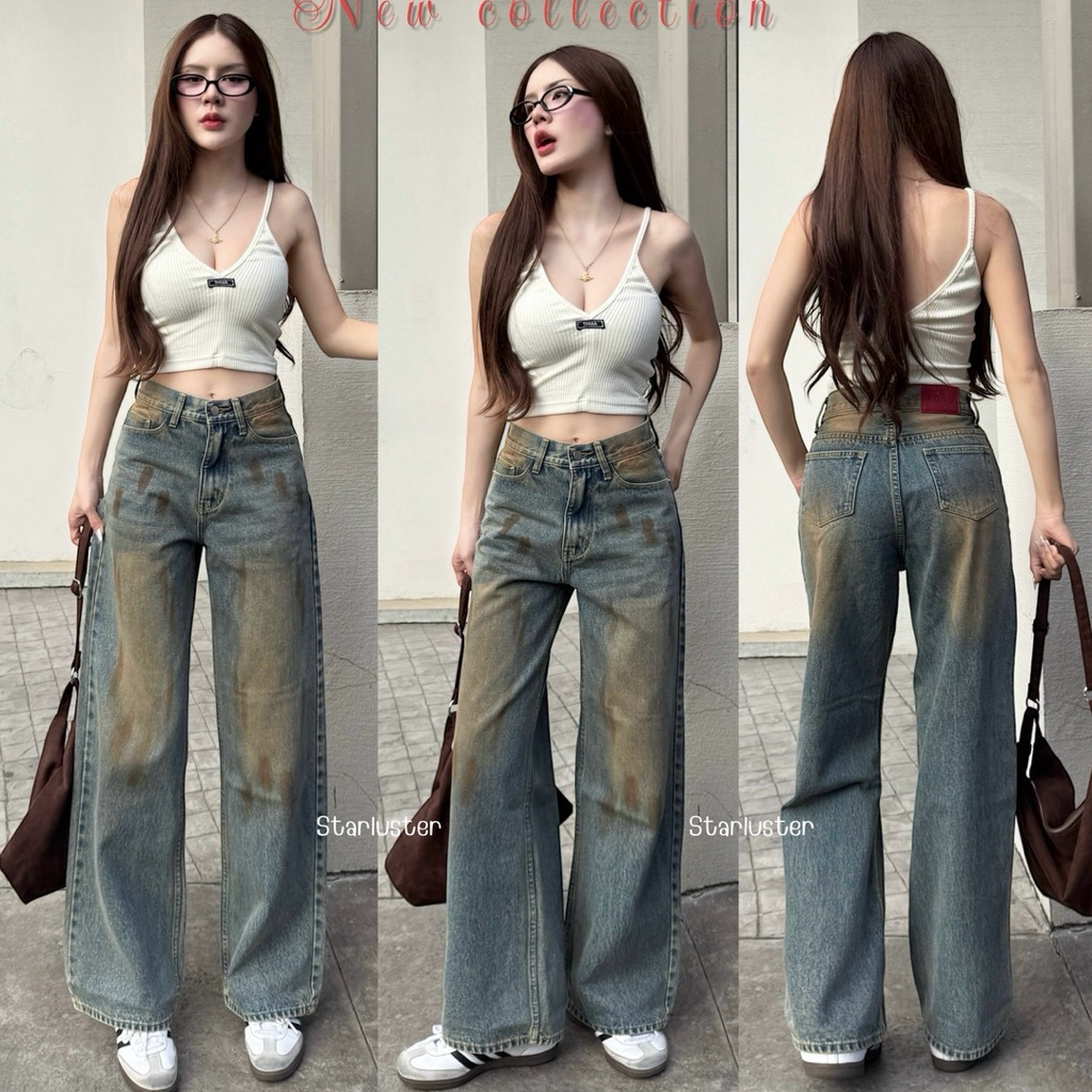 Pravve Jeans 🐰 กางเกงยีนส์ขากระบอก ผ้าไม่ยืด สีสนิมเปรอะสุดอินเทรนด์
