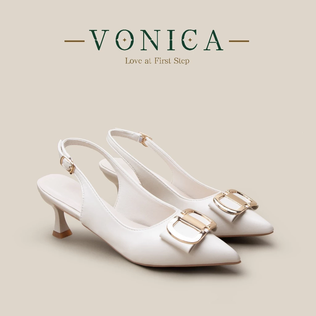 VONICA องเท้าส้นสูงสไตล์เกาหลี รองเท้าหนัง ส้นเข็ม ปลายแหลม เปิดส้น สีเบจ สูง 2 นิ้ว ใส่สบาย หน้าร้อน