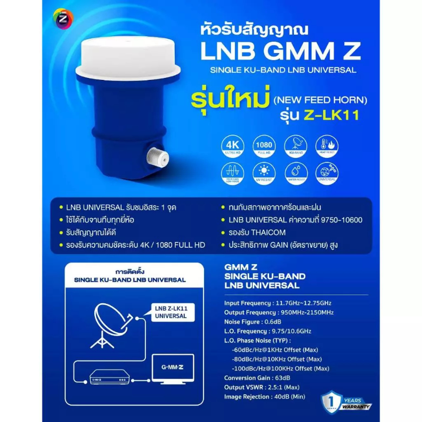GMM Z หัวรับสัญญาณ ดาวเทียม KU-Band Universal Dual LNB มีรุ่น Z-LK11 (1 ขั้ว) / Z-LK21 (2 ขั้ว)