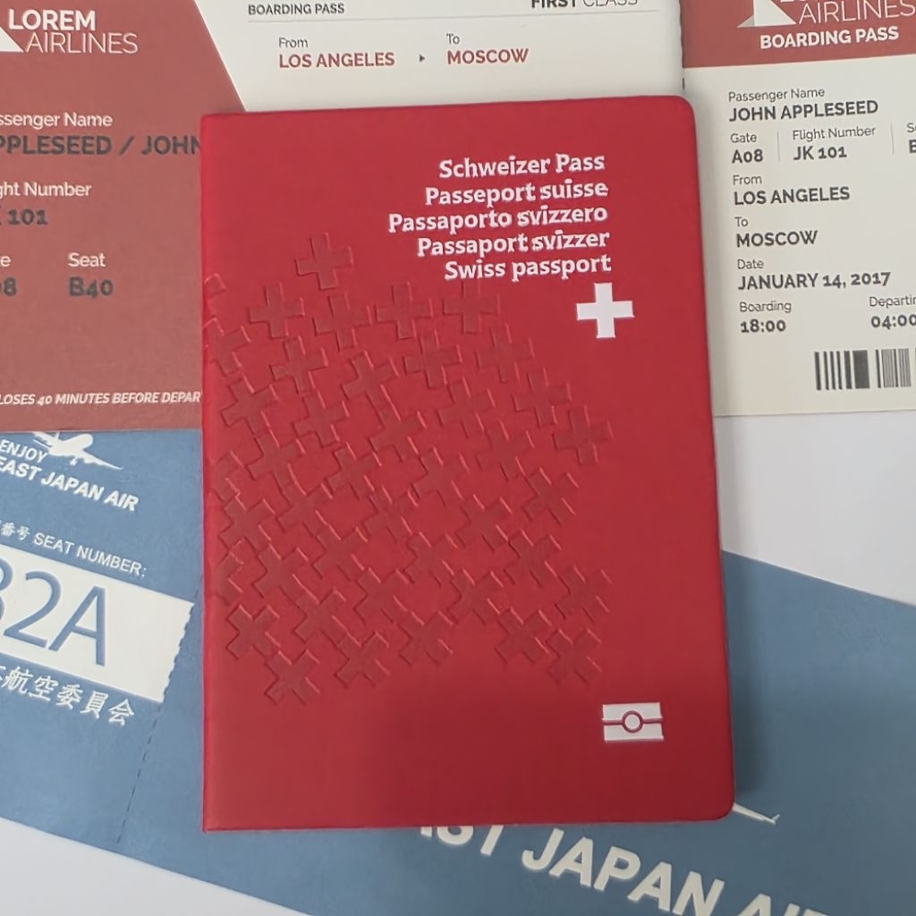 Swiss สมุด passport สมุดเดินทาง Visa ขนาดเท่าของจริง ปริ๊นท์ลายเกือบเหมือนจริง กระดาษมี 14 แผ่น ด้านหน้าปั๊ม