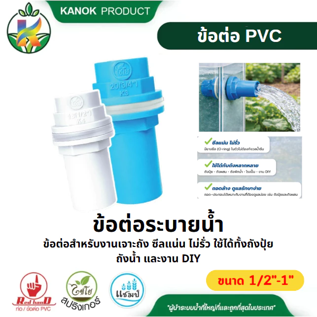 ข้อต่อท่อ PVC ตู้ปลา แบบตรง รูท่อPVCไทย(หุน) 1/2" 3/4" 1" ข้อต่อระบายน้ำ พร้อมประเก็น TPE SKU 51801