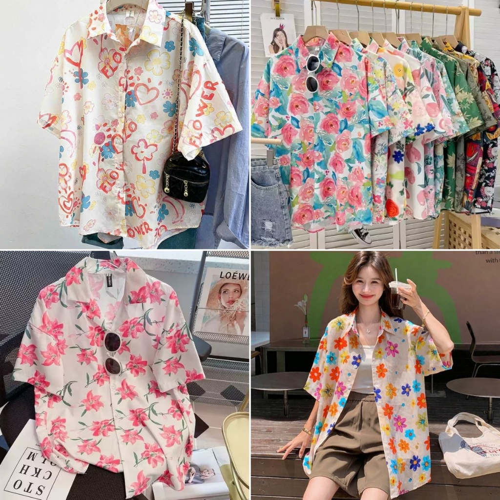 Hotgirl พร้อมส่ง เสื้อเชิ้ตแขนสั้นลายดอกไม้ สไตล์สุภาพสตรี  S-2XL สไตล์วันหยุดแบบสบาย ๆ และผ่อนคลาย