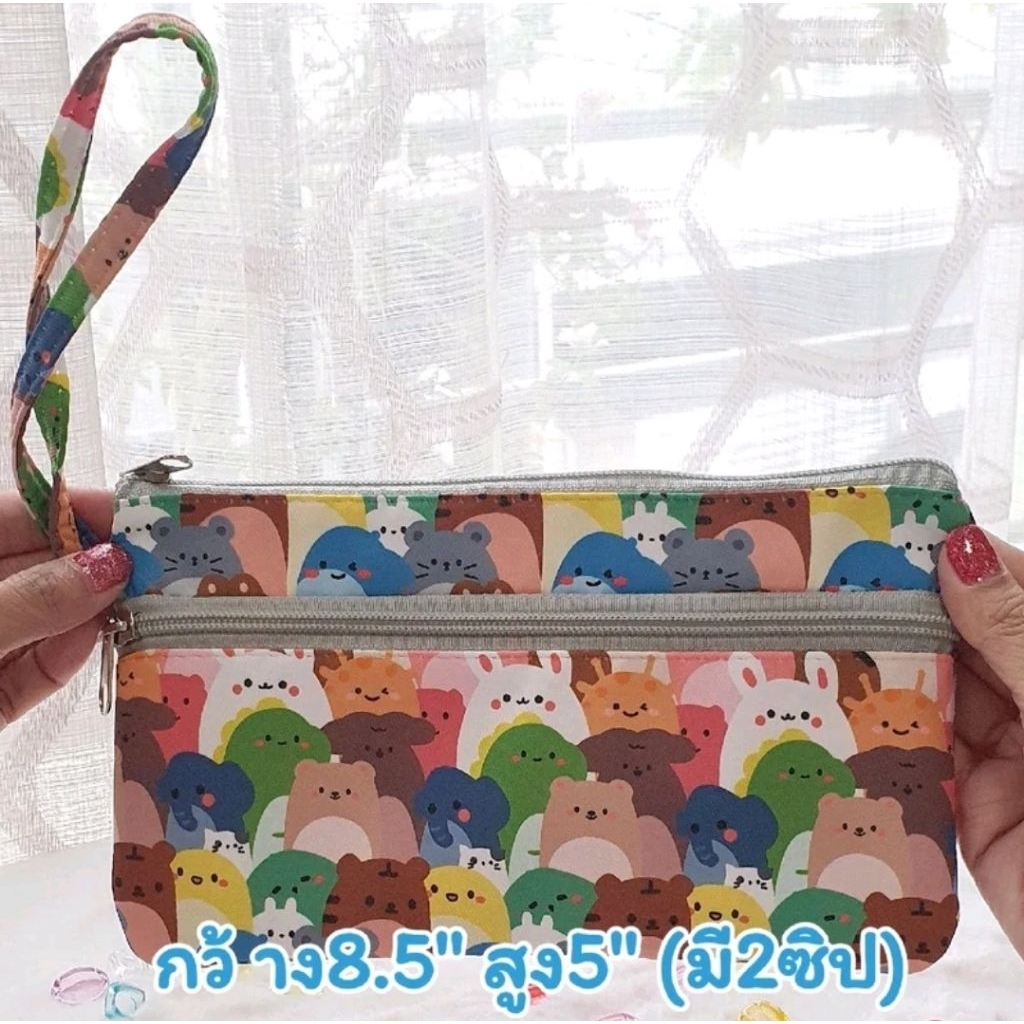 กระเป๋าผ้า 3 ซิบ บุฟองน้ำกันกระแทก ขนาด 7 นิ้ว มีสายคล้องมือ ใส่โทรศัพท์ได้ #3ซิบยาวลิงคับ