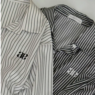 Candy Shirt เสื้อเชิ้ตงานปัก (ผ้าคอตตอนเชิ้ต) ลายริ้ว เสื้อเชิ้ตทรง Oversize สาวอวบใส่ได้ AOMMKOSHOP - S68 Women
