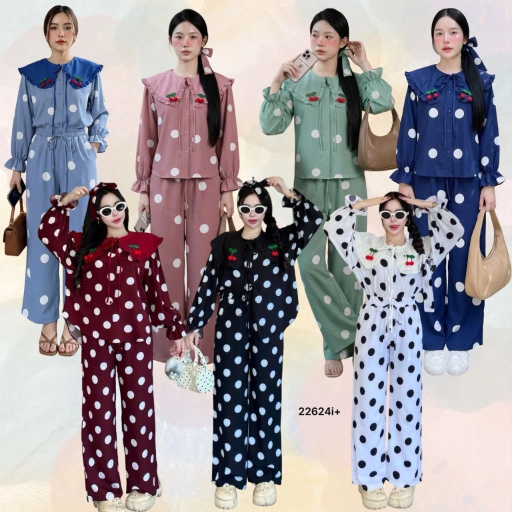 Set 3 ชิ้น เสื้อลายจุดปกเสื้อใหญ่ + กางเกงขายาว กับสายผูก TT22624