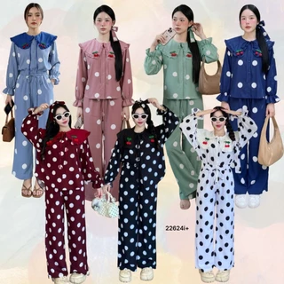 Set 3 ชิ้น เสื้อลายจุดปกเสื้อใหญ่ + กางเกงขายาว กับสายผูก TT22624