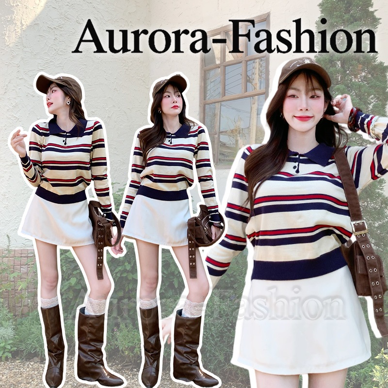 Aurora🛒พร้อมส่ง🚚(รูปถ่ายจากงานจริง) เสื้อไหมพรมแขนยาว ลวดลายลายทาง สั้นแบบดูผอม สไตล์เกาหลี