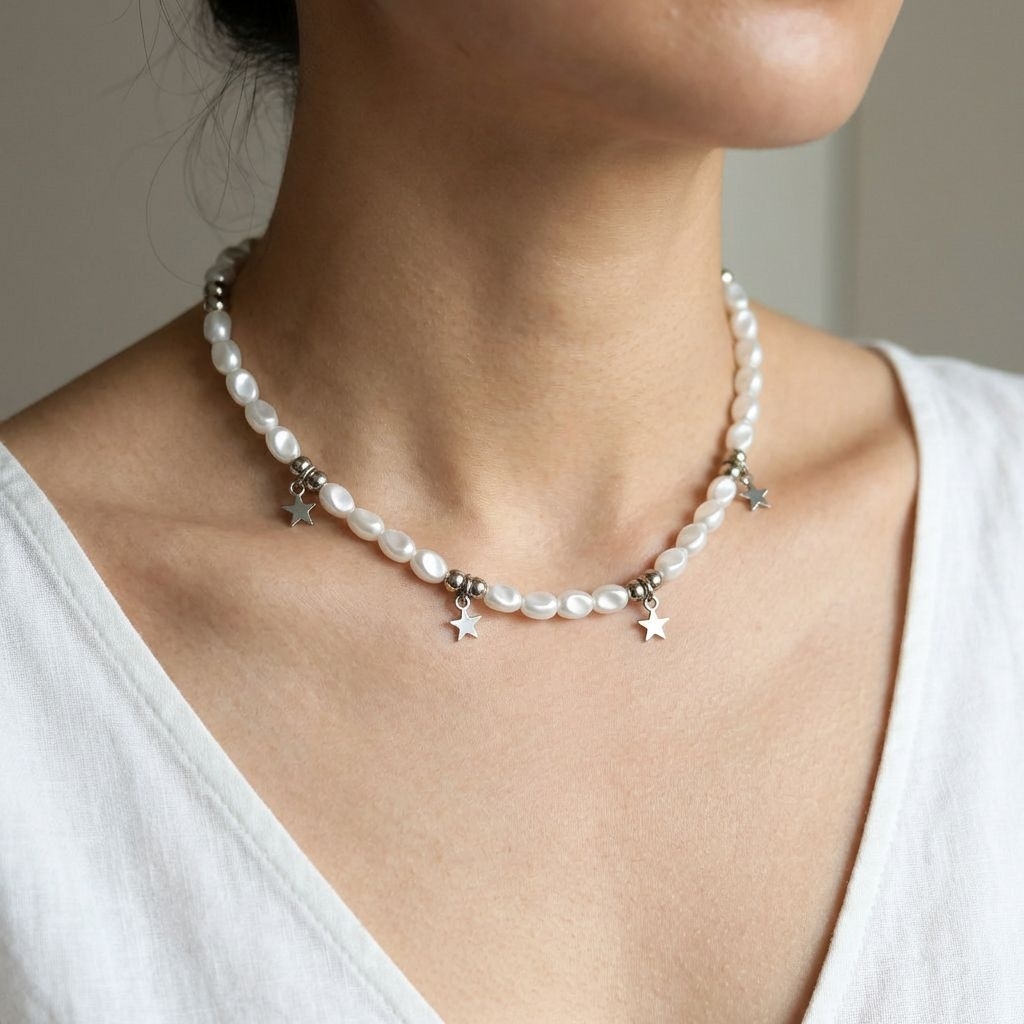 ⭐ สร้อยคอมุกจี้ดาวห้อย สร้อยคอเกาหลี มินิมอล | Pearl Star Necklace สร้อยคอผู้หญิง