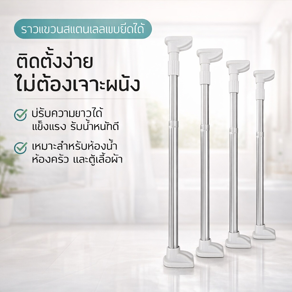 ราวม่านห้องน้ำสแตนเลส ยืดหดได้ ไม่ต้องเจาะ แข็งแรง ขนาด 70–220 ซม.ห้องน้ำ ระเบียง