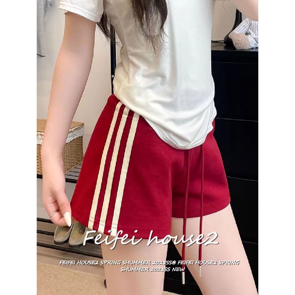 [Side stripe drawstring shorts]ผู้หญิงฤดูร้อนสไตล์อเมริกันลำลองกางเกงขาสั้นทางข้างเอวสูงลายสำหรับ