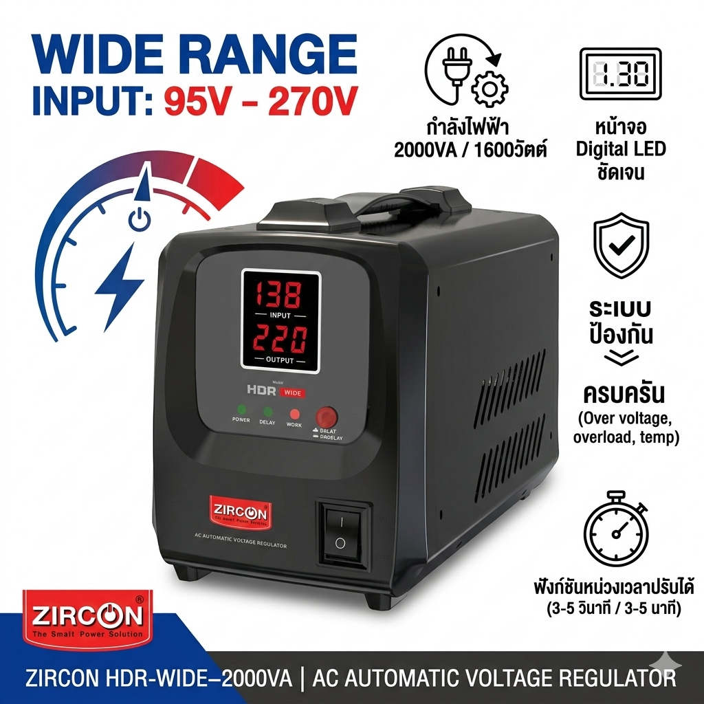 🔌 ZIRCON New 2025 HDR-WIDE 2000VA/1600W Stabilizer รองรับช่วงแรงดันได้กว้าง– ไม่สำรองไฟ | รับประกัน 2 ปี