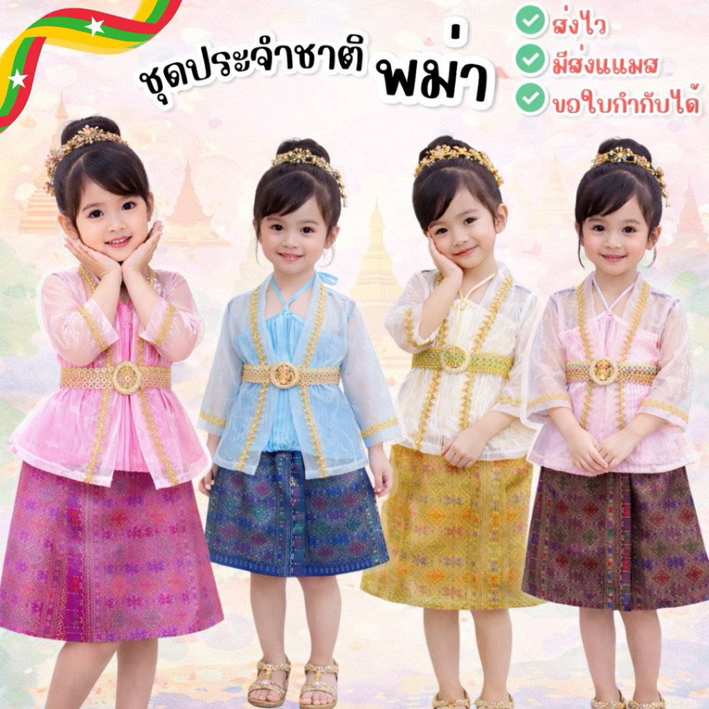 🔥พร้อมส่ง จากกรุงเทพ🔥#8950 ชุดพม่า เด็กหญิง ชุดอาเซียน ชุดประจำชาติ ชุดนานาชาติ คอสเพลย์