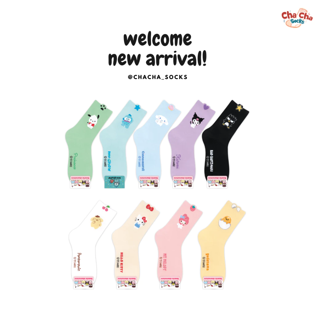 Chacha socks - ถุงเท้าซานริโอ้ Sanrio Hokey Pokey Socks ถุงเท้าข้อยาว ถุงเท้าเกาหลี แบรนด์ kikiya นำเข้าจากเกาหลี