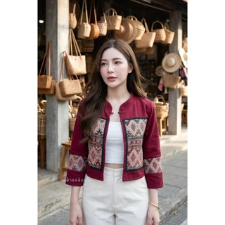 เสื้อคลุมครอปผ้าฝ้ายคอจีนแต่งลายผ้าทอ